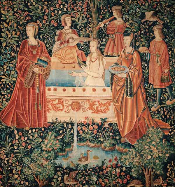 Woman Bathing surrounded by Attendants (Tapestry series "La Vie Seigneuriale") from Unbekannter Meister