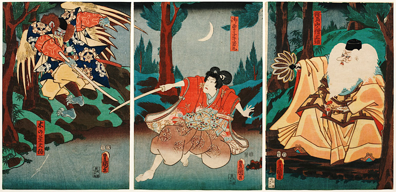 Tengu-Abtkönig Sojobo erteilt Ushiwakamaru Fechtunterricht from Utagawa Kunisada