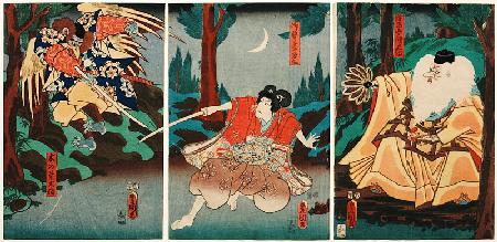 Tengu-Abtkönig Sojobo erteilt Ushiwakamaru Fechtunterricht