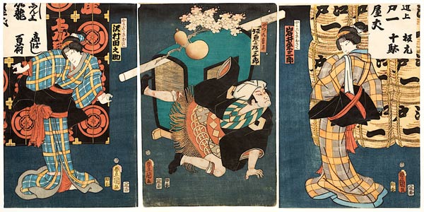 Bühnenszene aus dem Kabuki-Schauspiel Die Begegnung der Rivalen im Vergnügungsviertel (recto von 383 from Utagawa Kunisada