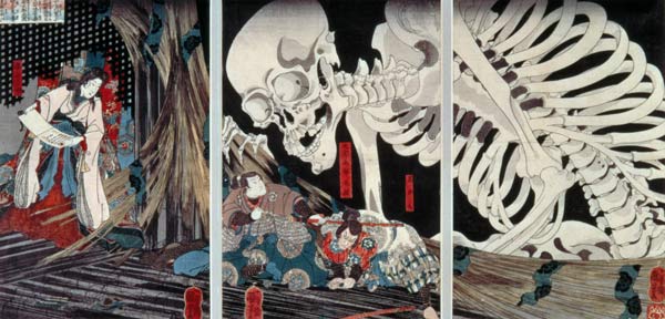 Mitsukini Defying the Skeleton Spectre, c.1845 (hand coloured woodcut print) from Utagawa Kuniyoshi
