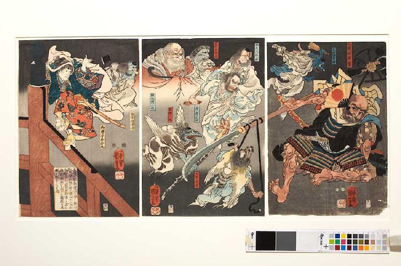 Auf der Brücke kämpfen Ushiwakamaru und der Tengu gegen Benkei from Utagawa Kuniyoshi