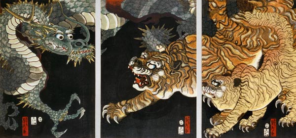 A dragon and two tigers from Utagawa Sadahide