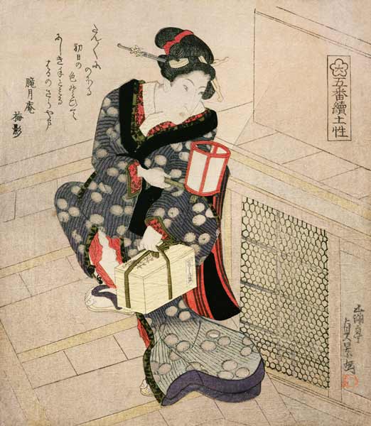 Woman climbing the stairs holding a lamp and a box from Utagawa Sadakage