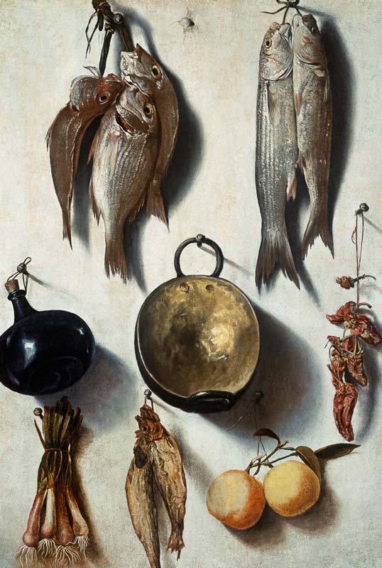 A Trompe L'Oeil of Fish, Cooking Utensils, Vegetables and Fruit from Vicente Victoria or Vitoria