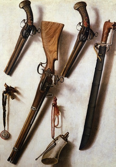 Trompe L''Oeil with Rifles, Sword and Gunpowder Horn from Vicente Victoria or Vitoria