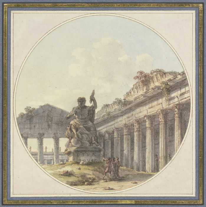 Architektonisches Capriccio: Inneres einer Tempelruine mit einer Statue des Jupiter tonans und Figur from Victor Jean Nicolle