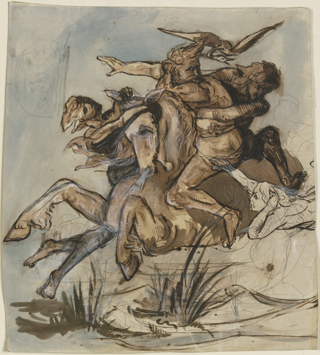 Bärtiger Mann in Begleitung eines Vogels auf einem Pferd im gestreckten Galopp, drei Gestalten suche from Victor Müller