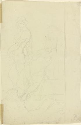 A standing male and a seated female nude, at her feet a reclining male nude