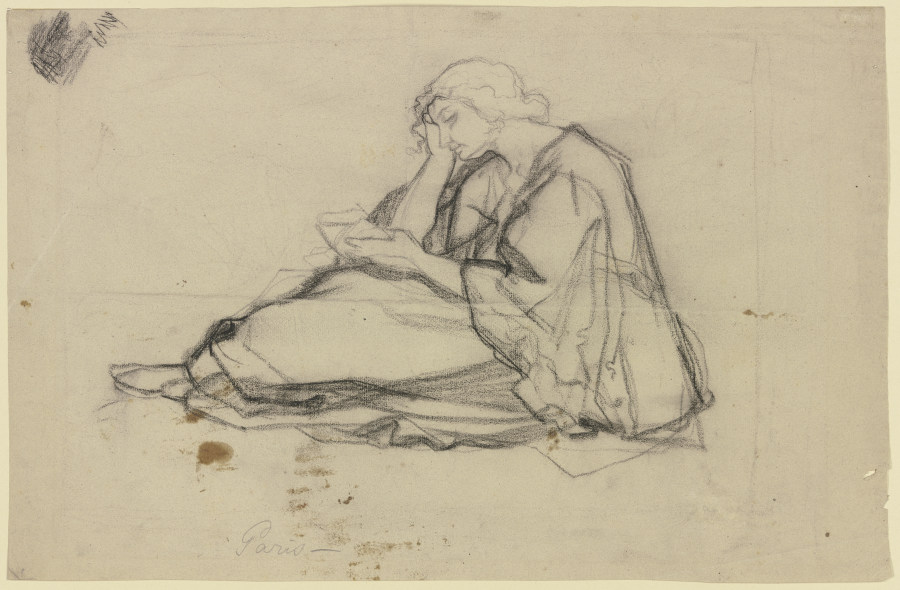 Junges Mädchen mit einem Buch am Boden sitzend, den Kopf in die Rechte gestützt from Victor Müller