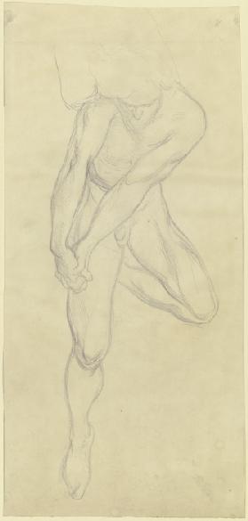 Männlicher Akt mit stark angewinkeltem aufgelegtem linken Bein, die Hände vor dem Körper gefaltet, a
