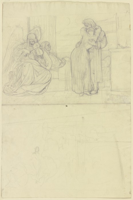 Trauerndes Paar am Bett eines sterbenden Greises,  links sitzend ein geigender Engel, darunter flüch from Victor Müller