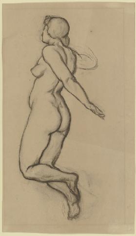 Weiblicher Akt, kniend nach links, halb rücklings gesehen, der linke Arm rückwärts ausgestreckt