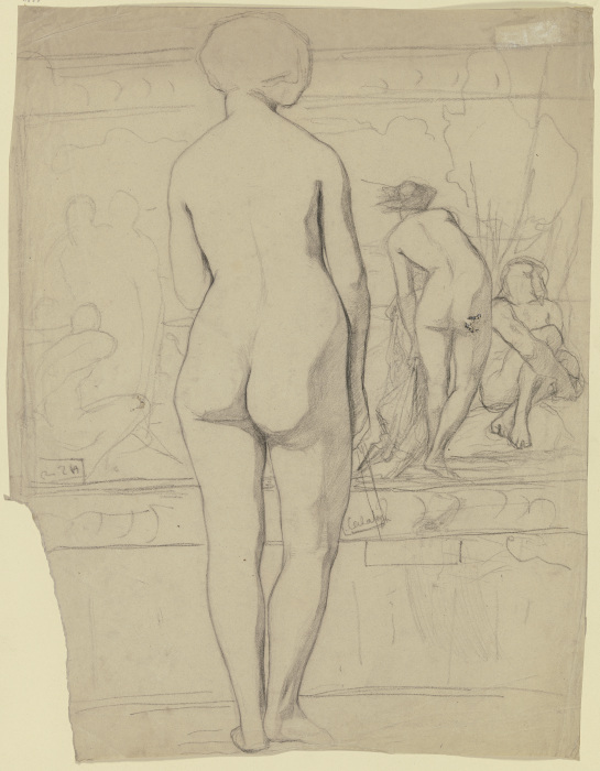 Weiblicher Rückenakt mit einem Ausstellungskatalog in der Rechten vor einem Gemälde mit Aktfiguren from Victor Müller