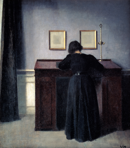 Woman, writing at a high desk. from Vilhelm Hammershoi