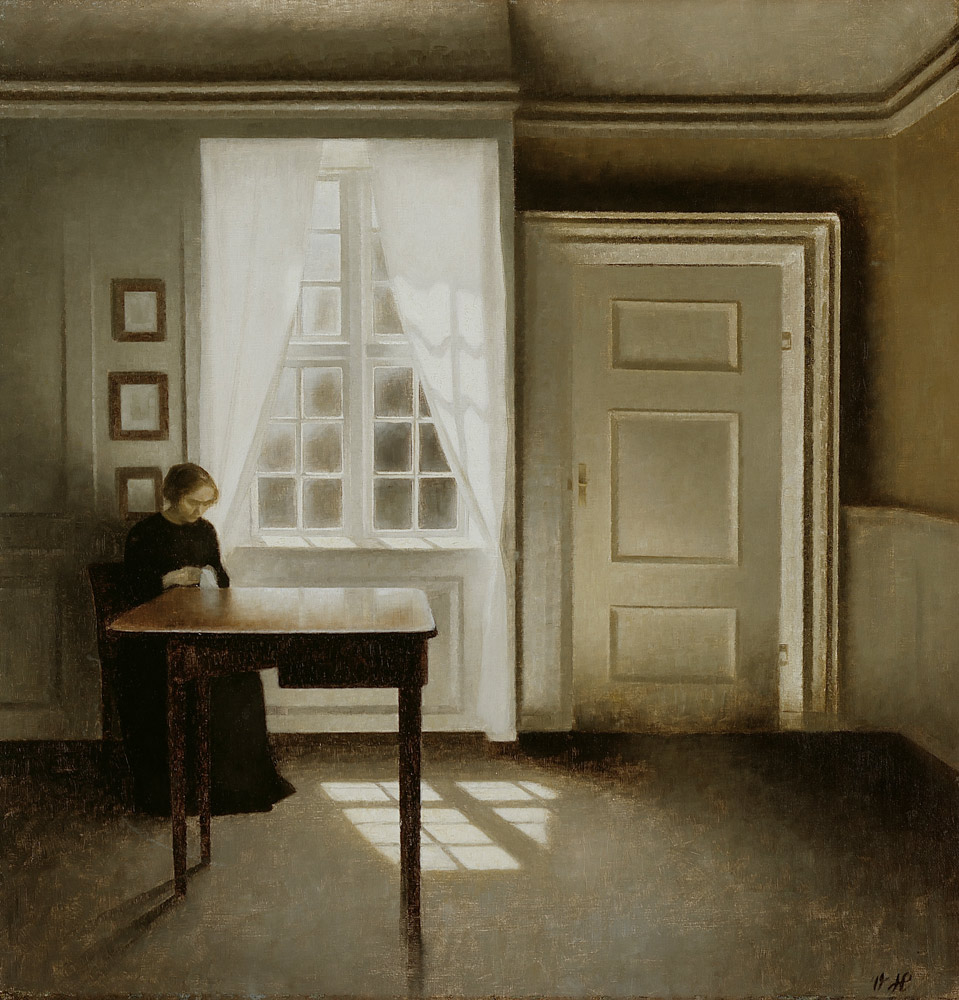 Interior with a sewing woman from Vilhelm Hammershoi