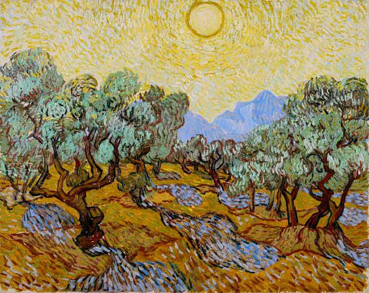 Olive Trees with Yellow Sky and Sun