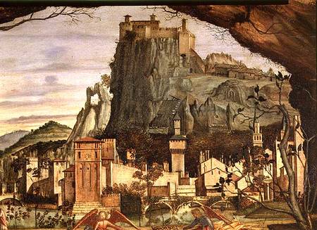 Sacre conversazione, detail of the town and castle in the background from Vittore Carpaccio