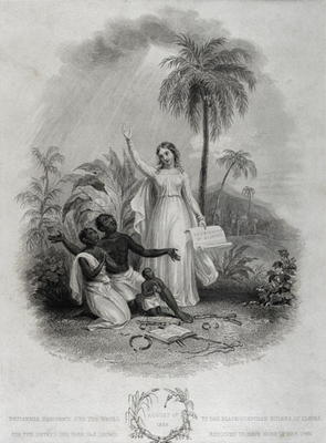 Britannia Giving Freedom to Poor African Slaves, engraved by J. Bridgens, 1838 (engraving) from W. Green