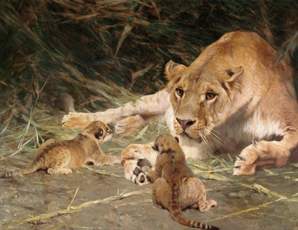 A Lioness and Her Cubs