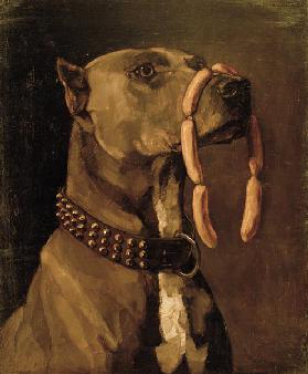 Great Dane with sausages (Ave Caesar morituri te salutant)