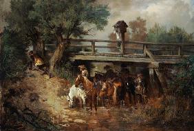 Mounted soldiers in the 30-year war under a bridge