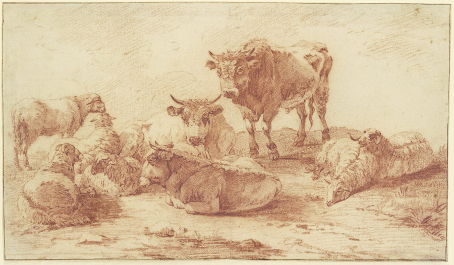 Gruppe von drei Ochsen und sechs Schafen from Willem Romeyn