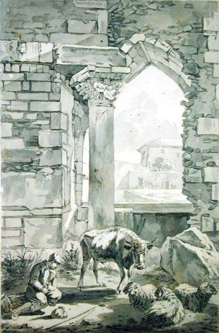 Shepherd with a cow and sheep in a ruin from Willem Romeyn