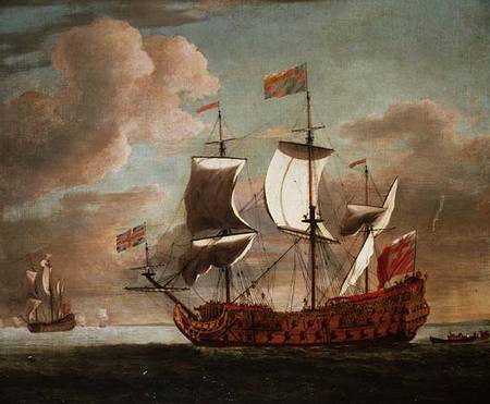 The British man-o'-war `The Royal James' flying the royal ensign off a coast from Willem van de Velde the Younger