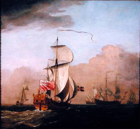 The Second Duke of Albemarle's Ketch with a yacht to the left and three warships in the distance to from Willem van de Velde the Younger