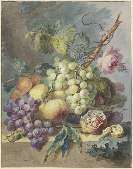 Fruchtstück mit Trauben, Pfirsichen usw., dabei eine Rose from Willem van Leen