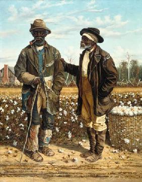 Two old black cotton pickers in the conversation.