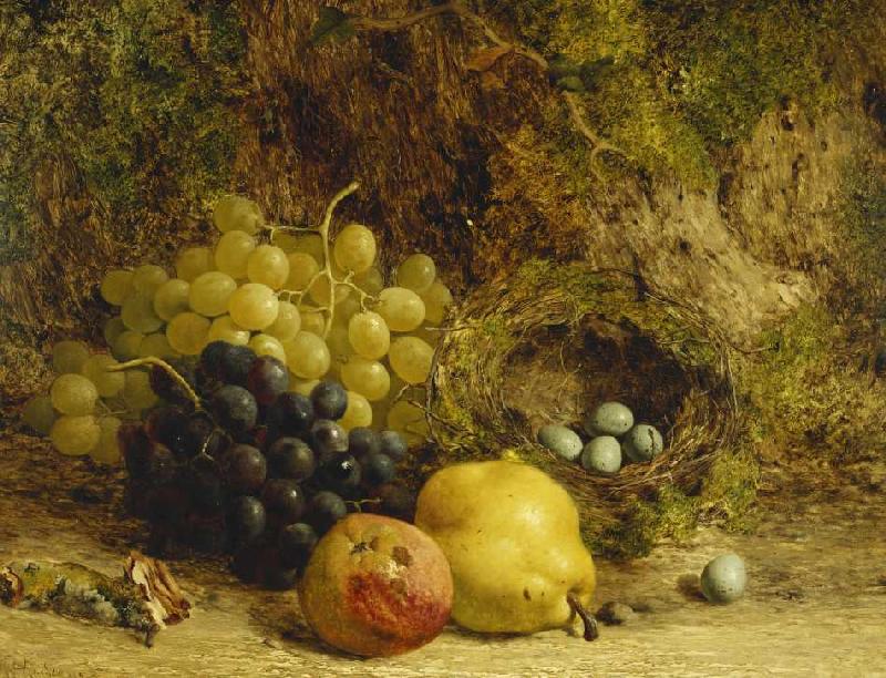 Trauben, ein Apfel, eine Birne und ein Vogelnest auf Moos from William Hughes