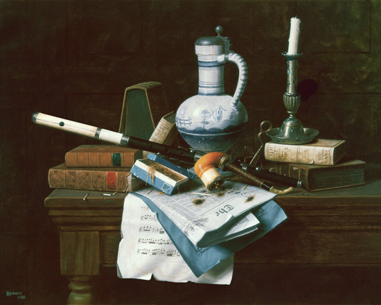 Quiet life with flute, pipe, books and other utensils from William Michael Harnett