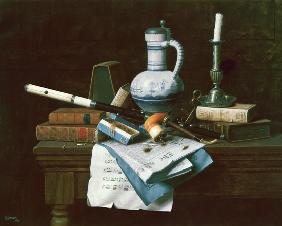 Quiet life with flute, pipe, books and other utensils