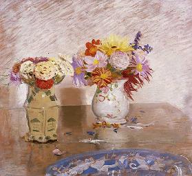 Two Vases of Flowers and a Blue Plate, 1925