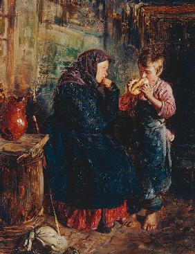 Old woman and boy eating bread