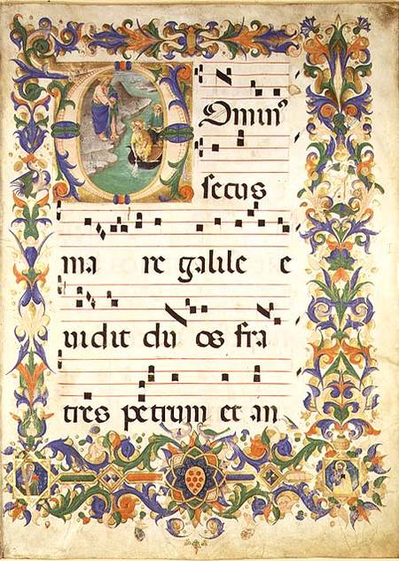 Missal 515 f.1r Page of choral music with an historiated initial 'O' depicting The Calling of St. Pe from Zanobi di Benedetto Strozzi